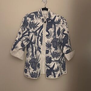 PATTY KIM Women’s Cotton Quilted Open Front Jacket Blazer Blue & White Sz Large